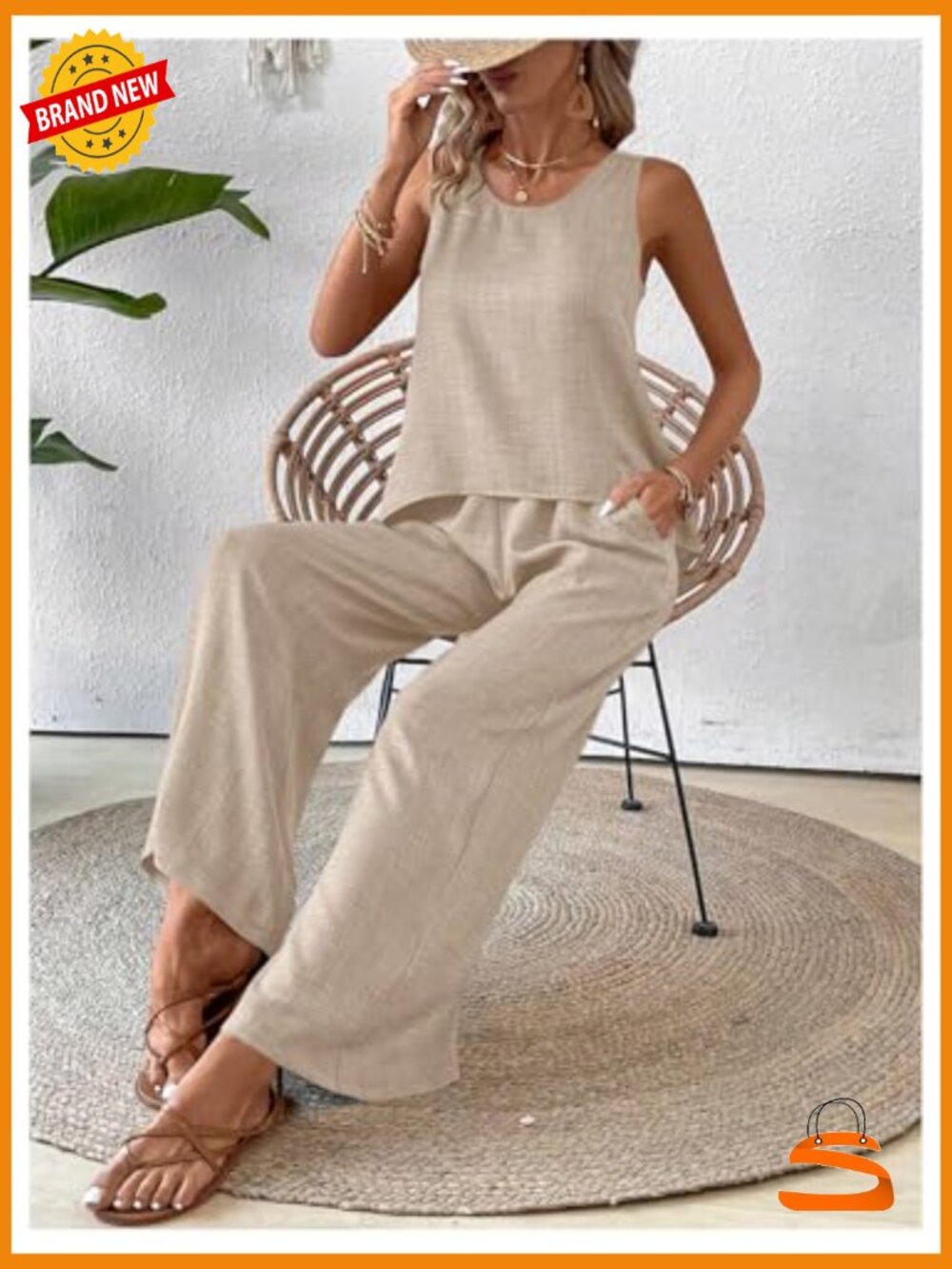 Boho Linen 2 Piece Outfit - Crochet Tank & Wide Leg Pants Set - Picture 5 of 5